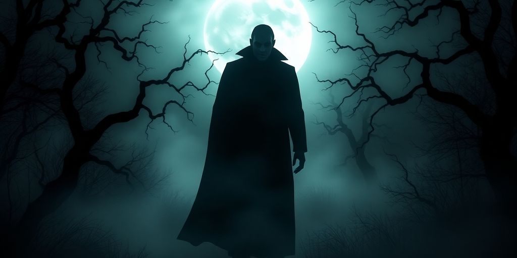 Shadowy vampire figure in a misty moonlit landscape.